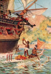Marquesas-Insulaner tauschen Früchte mit Captain Cooks Expedition